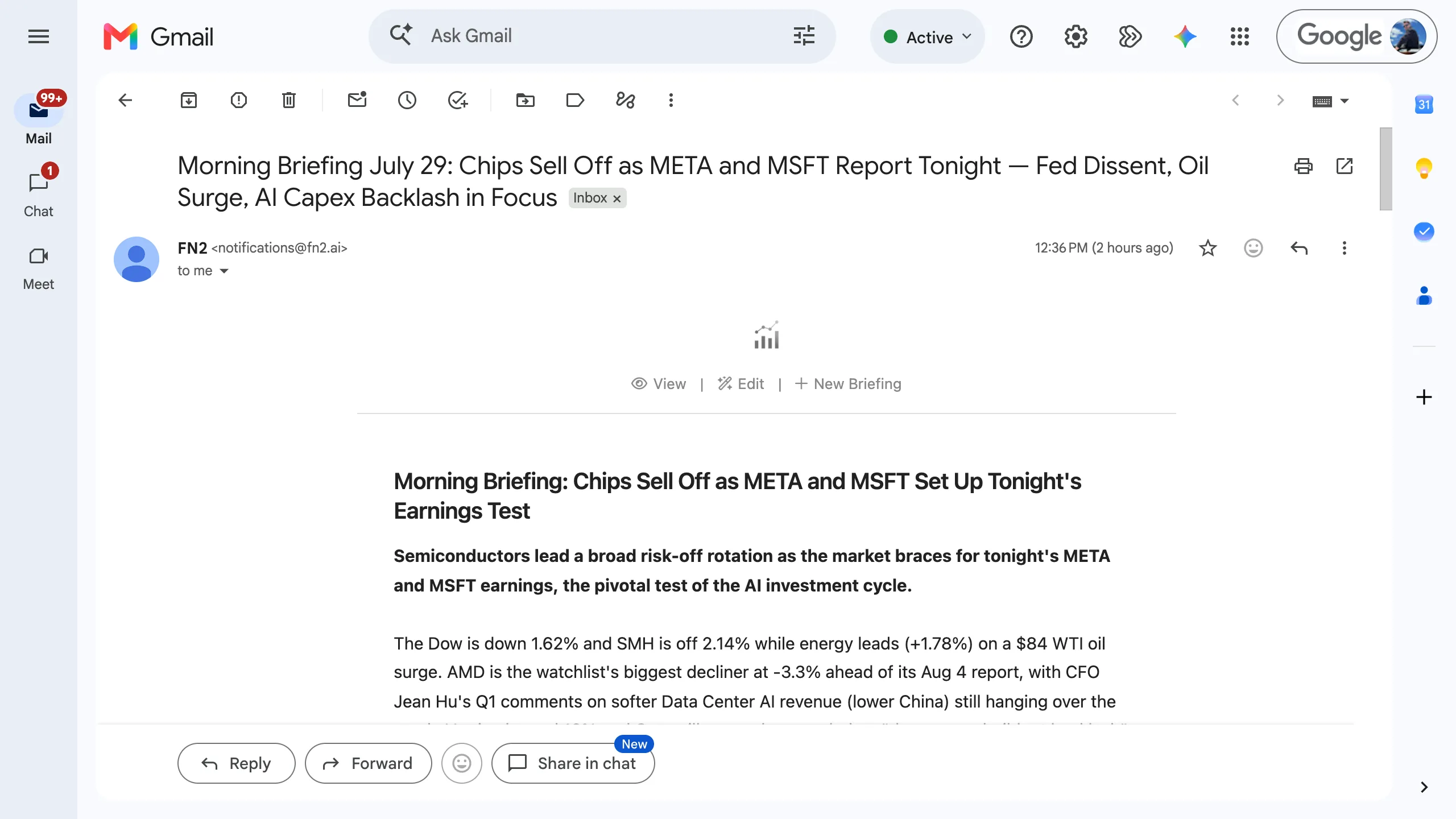 A real FN2 agent report open in Gmail