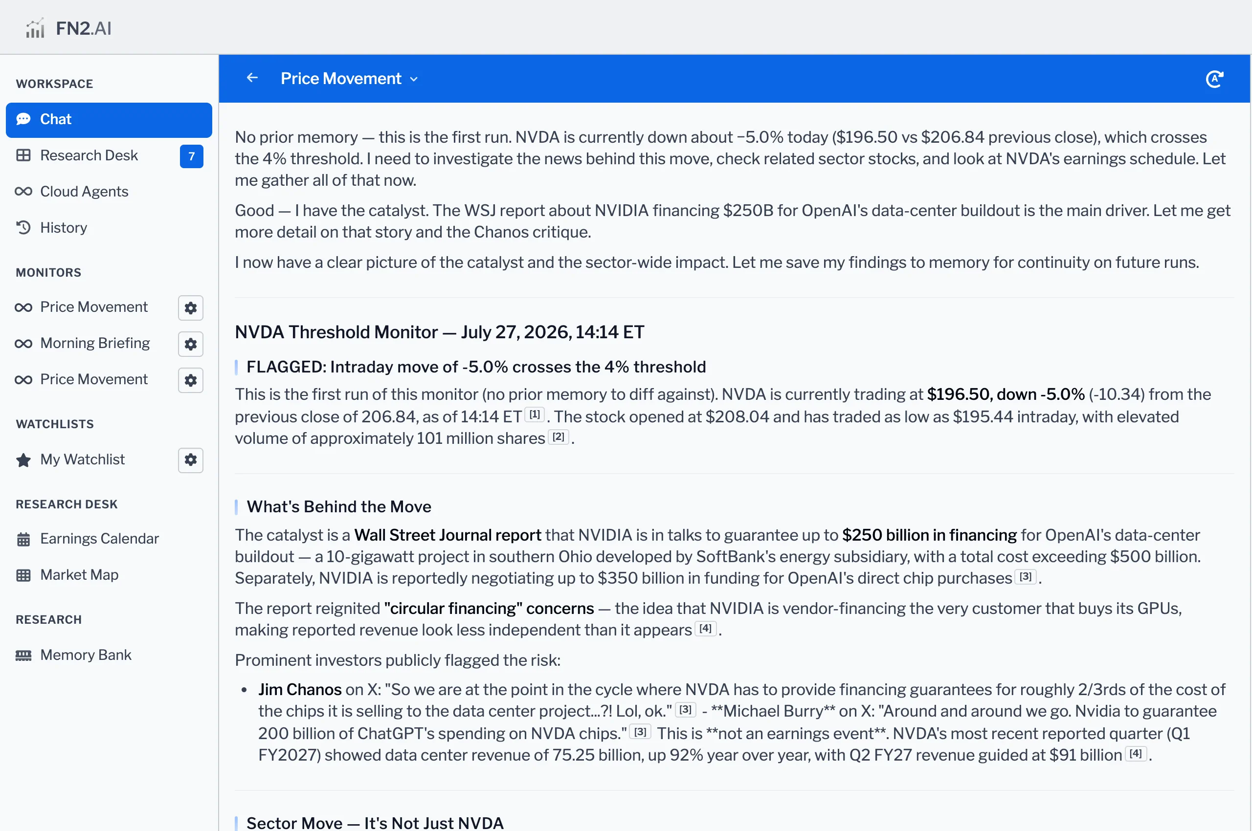 An FN2 research report explaining a five percent NVDA move, with numbered citations and a sector comparison table