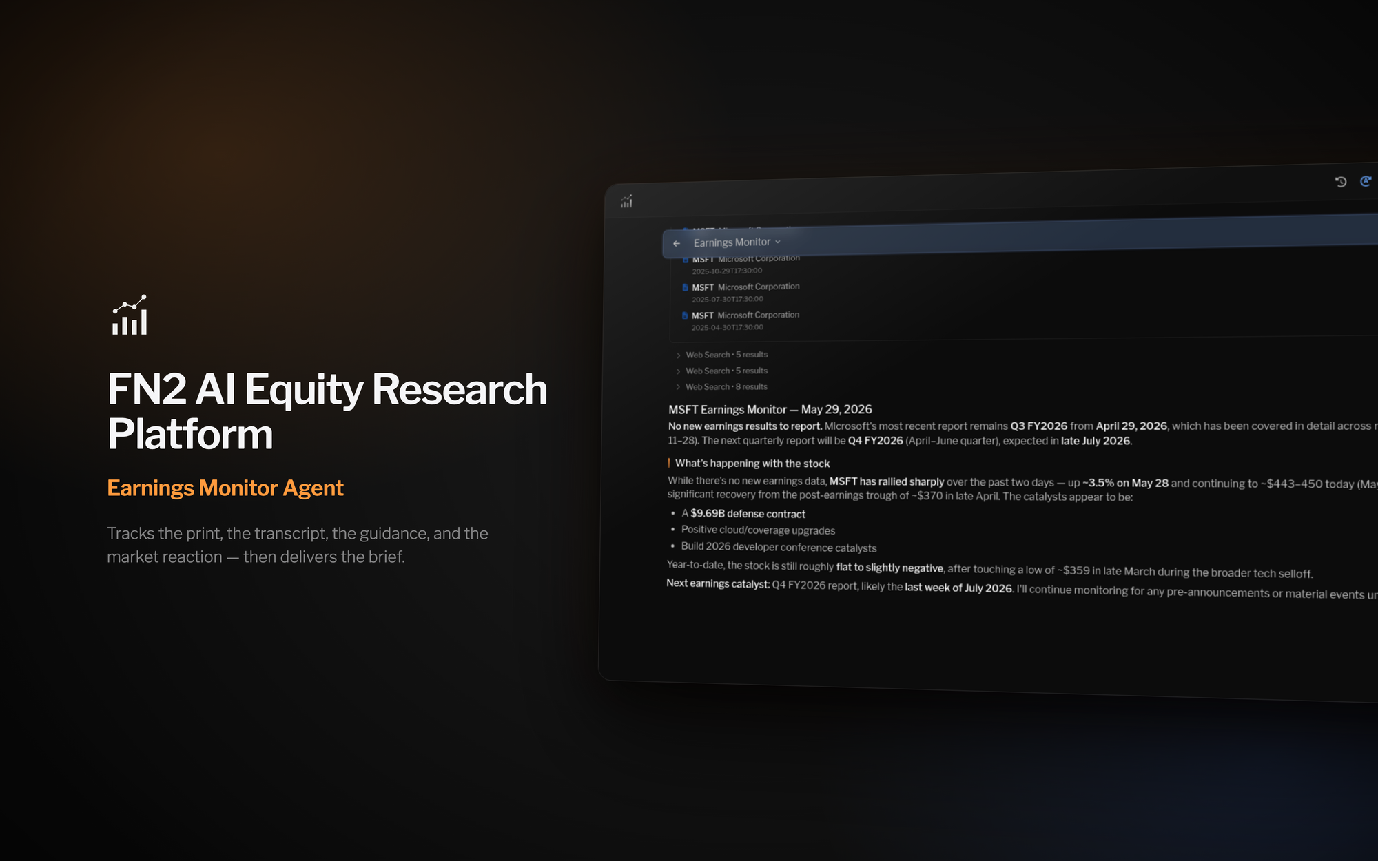 FN2 Earnings Monitor research brief (dark theme)