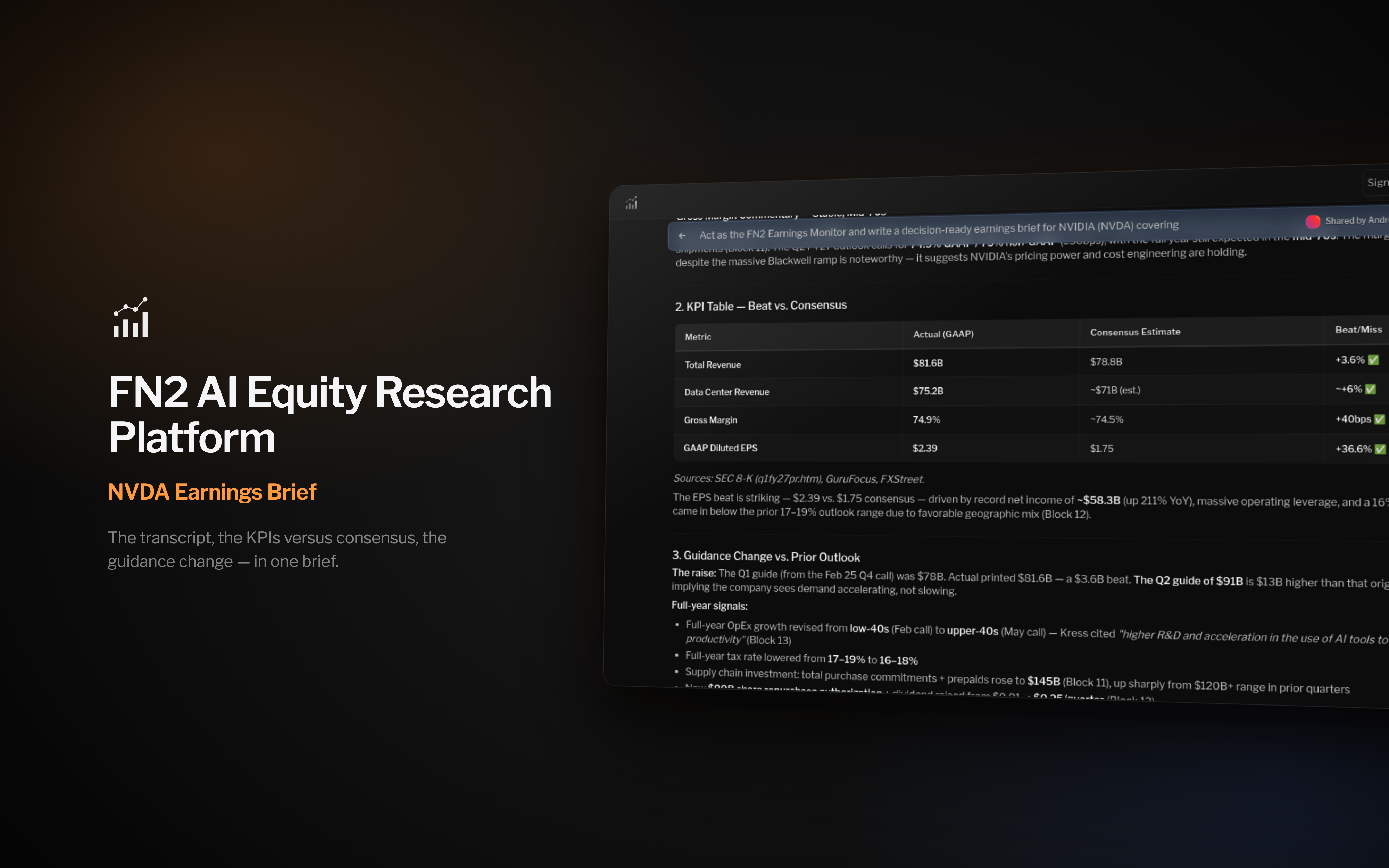 A real FN2 NVDA earnings brief, KPI table, guidance change, and price reaction (dark theme)