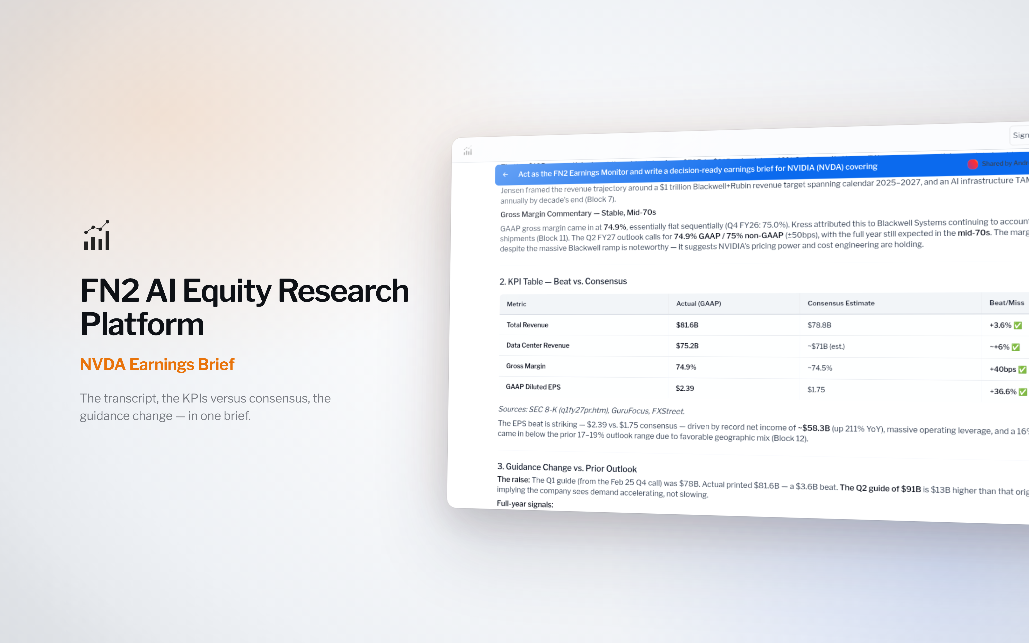 A real FN2 NVDA earnings brief, KPI table, guidance change, and price reaction (light theme)