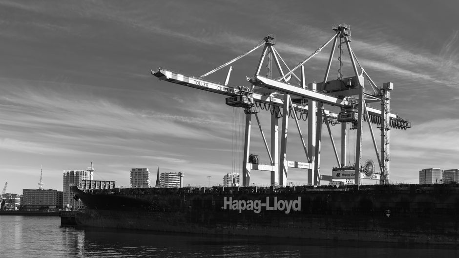Container ship and port cranes representing the maritime supply chain exposed to energy and shipping disruption.