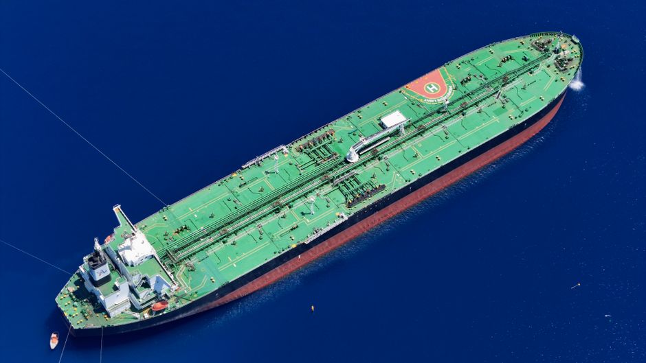 An oil tanker sailing near a maritime energy route as supply disruption raises fuel and freight uncertainty.