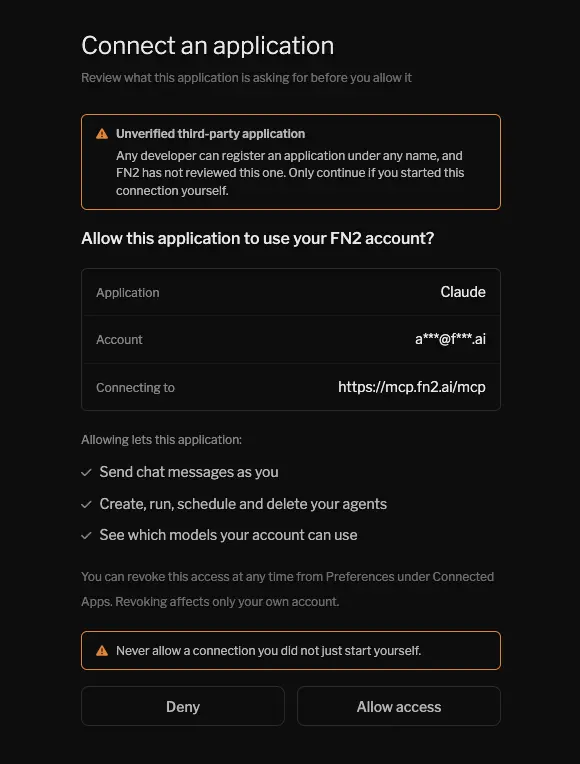 The fn2.ai consent page listing what the application may do, with Deny and Allow access buttons