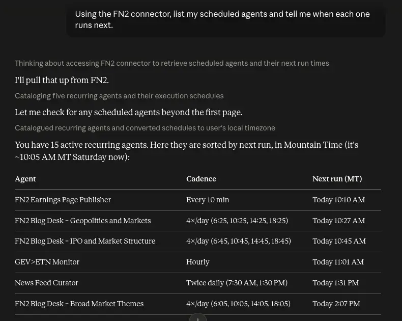 A Claude chat where FN2 tools were called to list scheduled agents, answered with a table of agents and their next runs