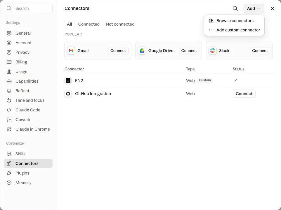 Claude's Connectors settings with the Add menu open, showing the Add custom connector option