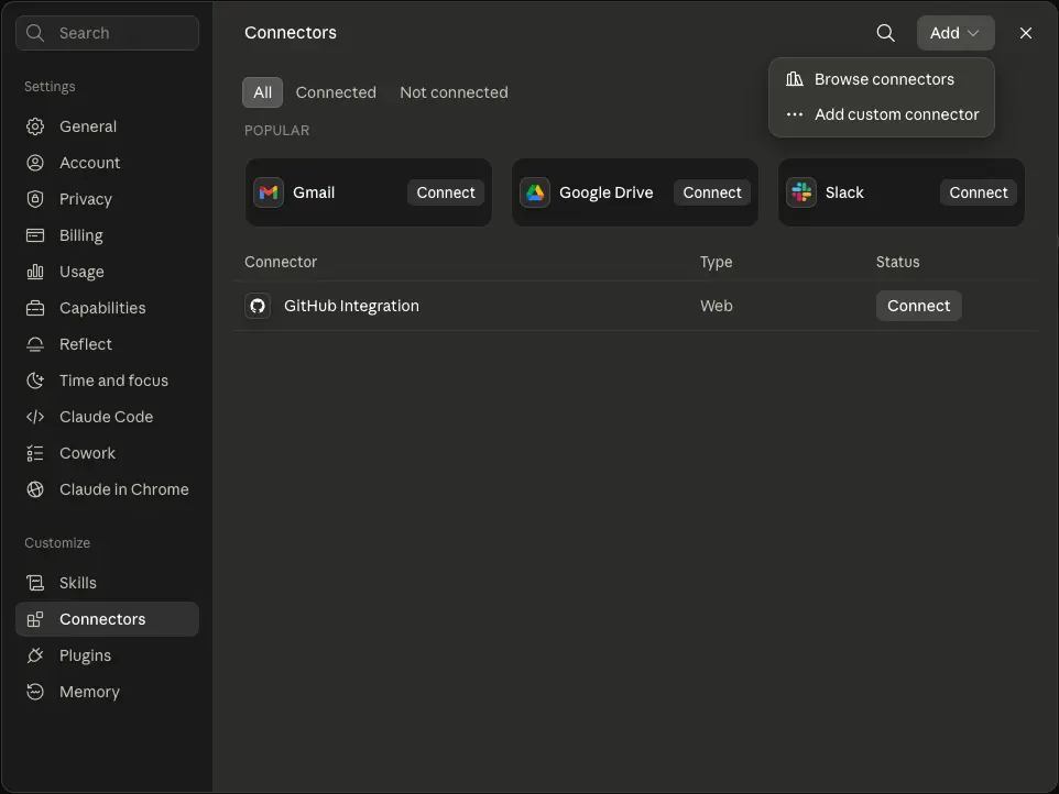 Claude's Connectors settings with the Add menu open, showing the Add custom connector option