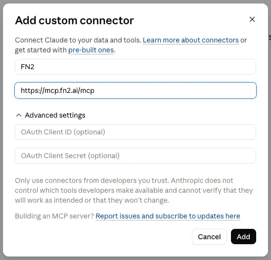 Claude's Add custom connector dialog filled in with the name FN2 and the URL https://mcp.fn2.ai/mcp