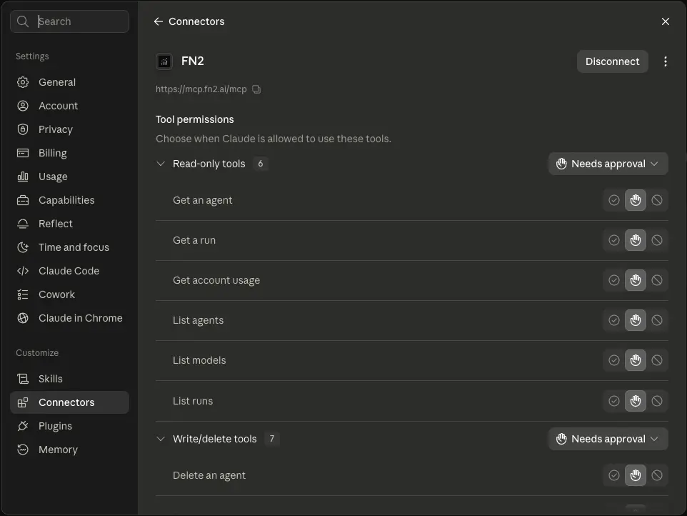 The connected FN2 connector in Claude showing the tool list with per-tool permission controls