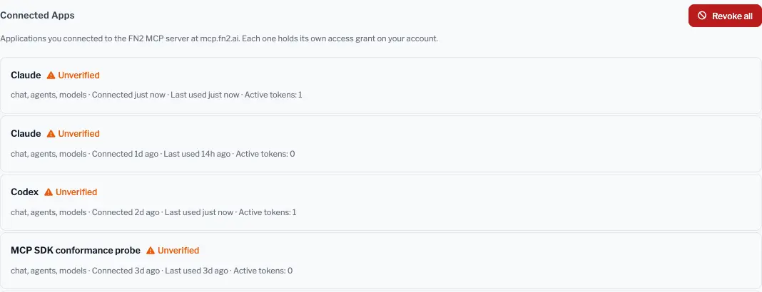 The Connected Apps list in FN2 settings where each app's access grant can be revoked