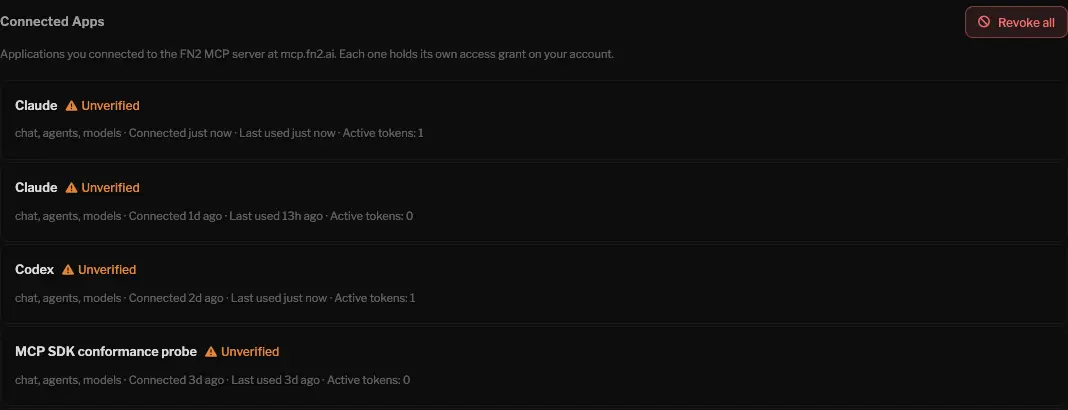 The Connected Apps list in FN2 settings where each app's access grant can be revoked